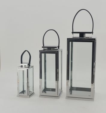 High Quality Stainless Steel Lantern Set of 2 Assorted with Clear Glass and black leather handle JL070003