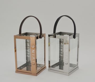 High Quality Stainless Steel Lantern Set of 2 Assorted with Clear Glass and black leather handle JL070007
