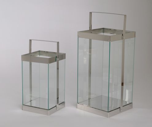Set of 2 simple glass stainless steel candle lanterns