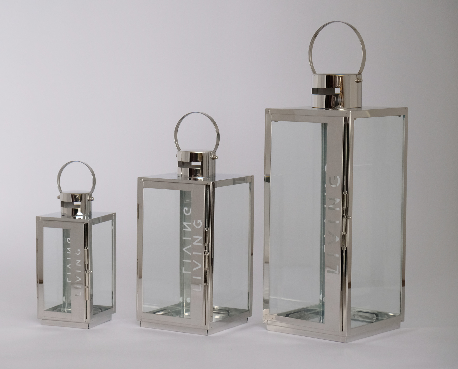 High Quality Stainless Steel Lantern Set of 3 Assorted with Clear Glass and black leather handle JL070069