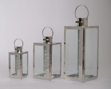 High Quality Stainless Steel Lantern Set of 3 Assorted with Clear Glass and black leather handle JL070069