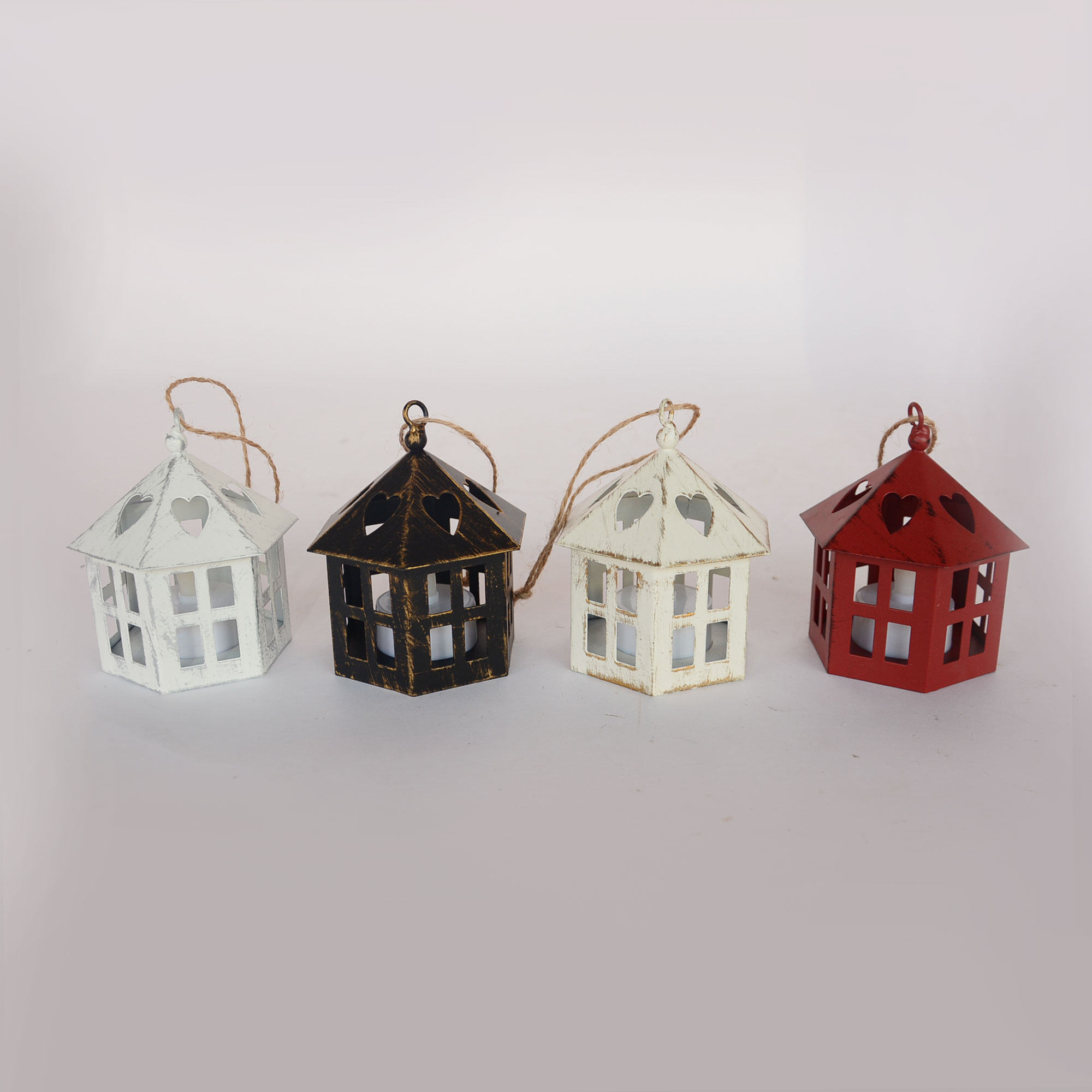 Retro Small House Model Metal White Mini Candle Holder Hanging Candle Lantern For Indoor Or Garden Decor JL060006