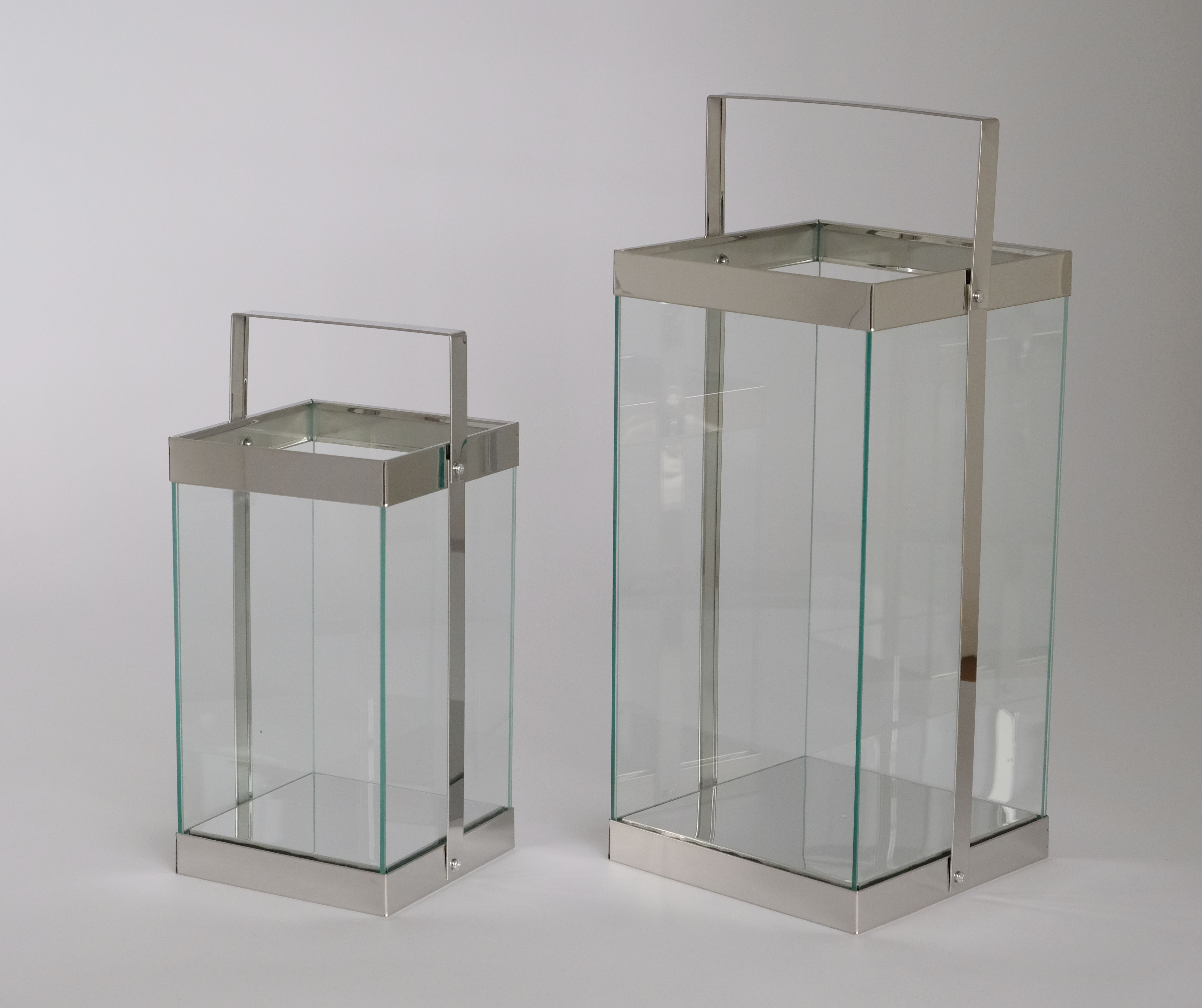 Set of 2 simple glass stainless steel candle lanterns JL070064