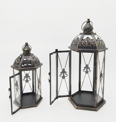 Hot Sale Metal Candle Holders Lanterns Vintage Black Birdcage Hexagonal Metal Lanterns Decorative For Wedding Home Party