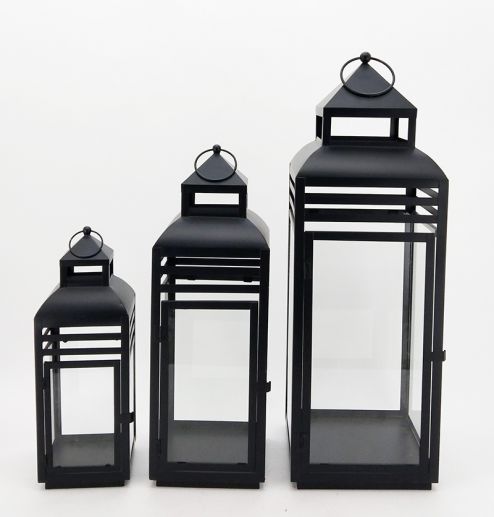 Simple Black Set of 3 Classic Metal Lantern Home Decorative Floor Stand Lanterns Candle