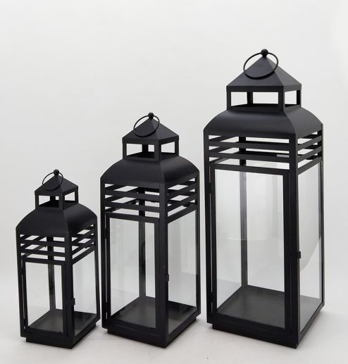 Simple Black Set of 3 Classic Metal Lantern Home Decorative Floor Stand Lanterns Candle