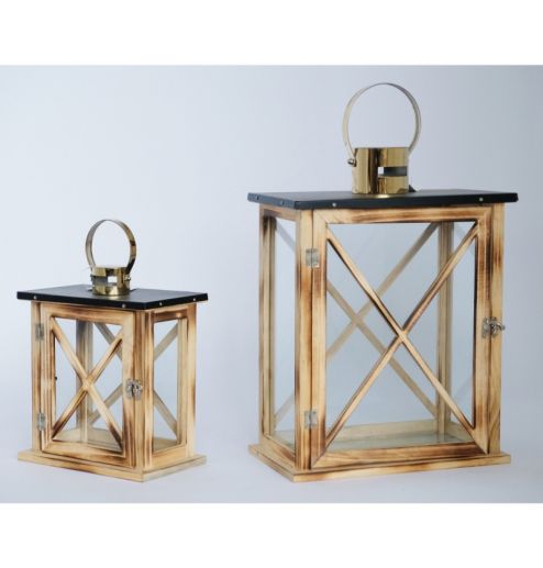 Metal Wind Lanterns Stainless Steel Wooden Candle Holders 