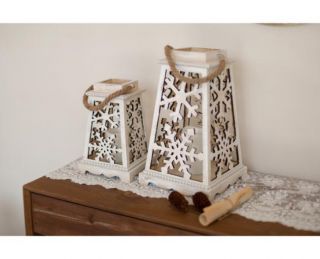 Snowflake Design Wooden Candle Holder Lantern Set Of 2 Accented With Wood Beads Decorate This Season With These Luxury Pieces