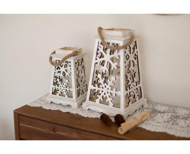 Snowflake Design Wooden Candle Holder Lantern Set Of 2 Accented With Wood Beads Decorate This Season With These Luxury Pieces