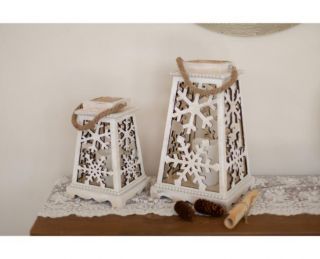Snowflake Design Wooden Candle Holder Lantern Set Of 2 Accented With Wood Beads Decorate This Season With These Luxury Pieces