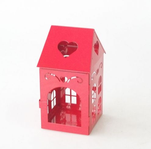 Hot Sale Christmas House Shape Candle Holders Red Lantern Metal Small Lantern