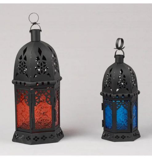 Morocco Iron Frame Lantern Patterned glass Hanging Lantern Candle Holder