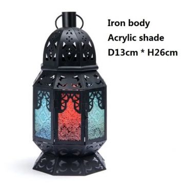 Antique-Style Colorful Iron Lantern Vintage Home Decoration with Metal and Colorful Glass Candle Holder JL010148-2