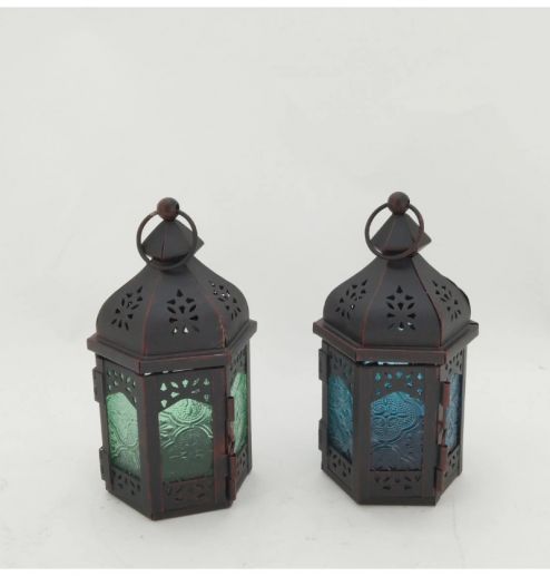 Home Decoration Metal Lantern Garden Candle Holder with Color Glass Iron Europe Wind Lamp