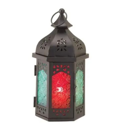 Home Decoration Metal Lantern Garden Candle Holder with Color Glass Iron Europe Wind Lamp