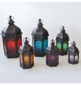 Home Decoration Metal Lantern Garden Candle Holder with Color Glass Iron Europe Wind Lamp