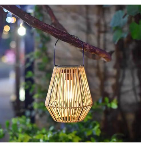 Retro Outdoor Hanging Solar Garden Light round Rattan Bamboo Lantern Balcony Decor