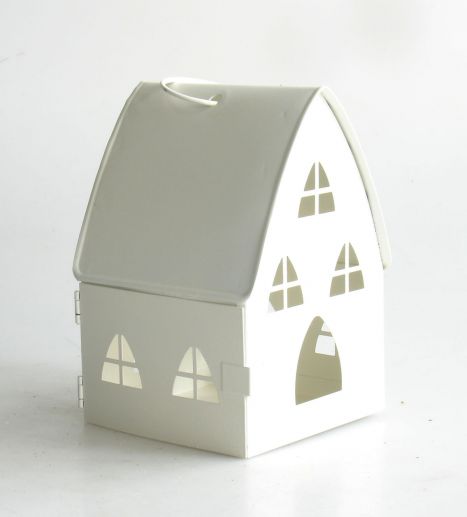White House Design Tea Light Candle Holder Small Home Decorative Vintage Metal Lantern with Windows Pattern