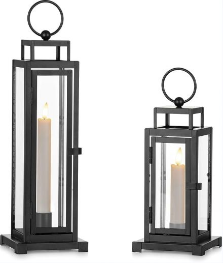 Black  Indoor Glass Outdoor Lantern Candle Holder with LED for Patio Front Porch Fireplace Living Room Modern Home Decor JL012844