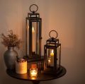 Black  Indoor Glass Outdoor Lantern Candle Holder with LED for Patio Front Porch Fireplace Living Room Modern Home Decor JL012844
