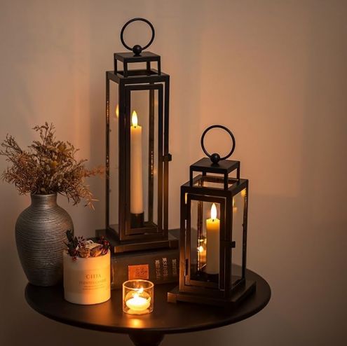 Black  Indoor Glass Outdoor Lantern Candle Holder with LED for Patio Front Porch Fireplace Living Room Modern Home Decor JL012844