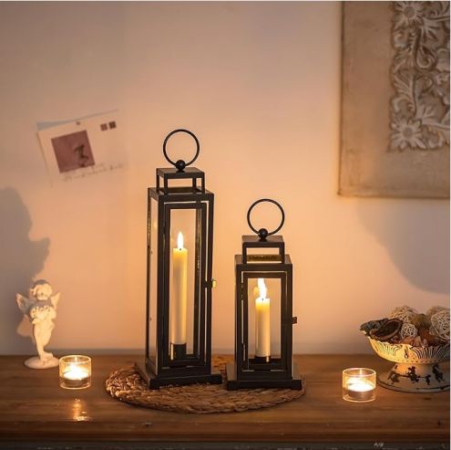 Black  Indoor Glass Outdoor Lantern Candle Holder with LED for Patio Front Porch Fireplace Living Room Modern Home Decor JL012844