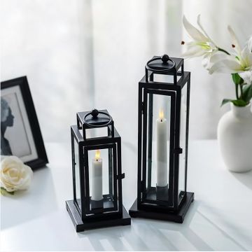 Black  Indoor Glass Outdoor Lantern Candle Holder with LED for Patio Front Porch Fireplace Living Room Modern Home Decor JL012844