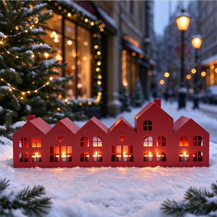 Long Red Metal House Tealight Holder Christmas Table Decor JL150049