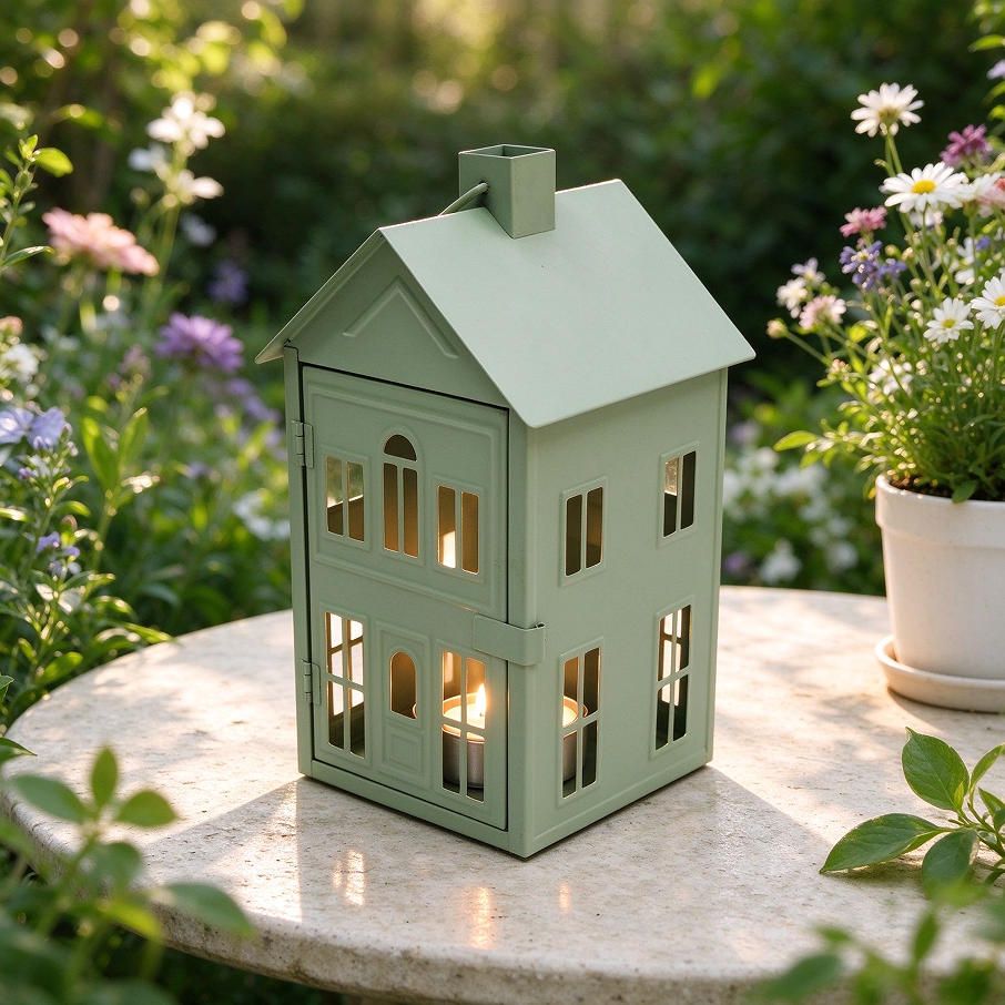 Green House Shape Metal Lantern with Tealight, Nordic Home Decor Candle Holder JL150044M